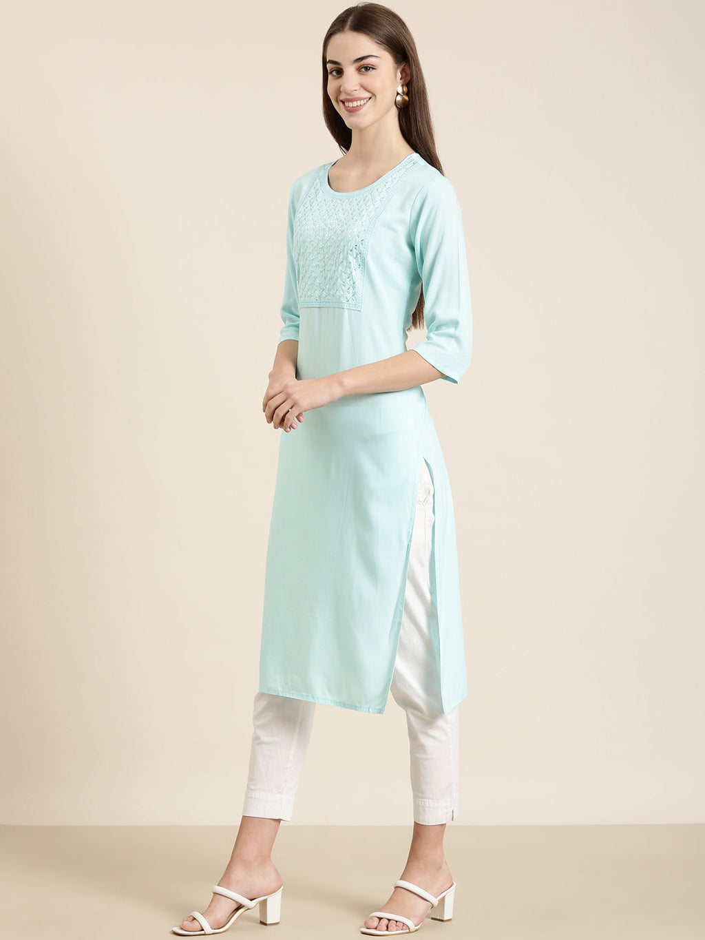 Women's Blue Ethnic Motifs Sequinned Pure Cotton Straight Kurta