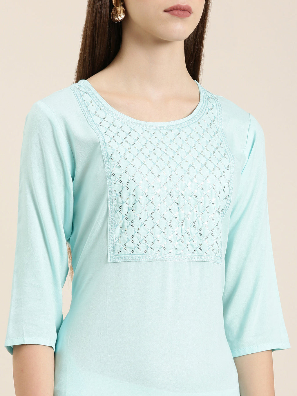 Women's Blue Ethnic Motifs Sequinned Pure Cotton Straight Kurta