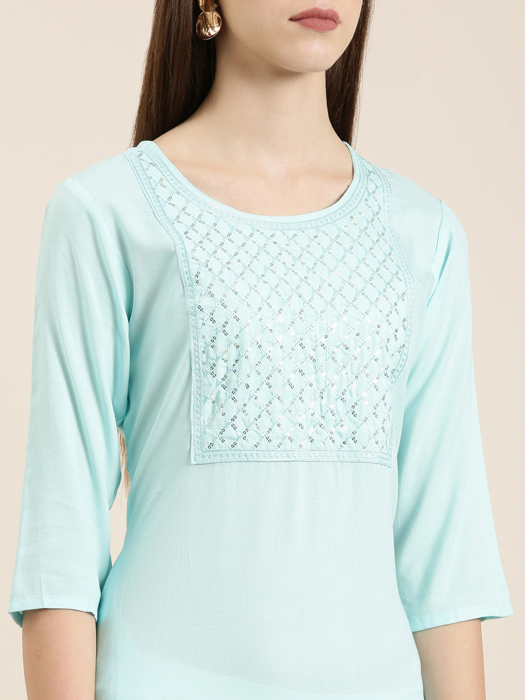 Women's Blue Ethnic Motifs Sequinned Pure Cotton Straight Kurta