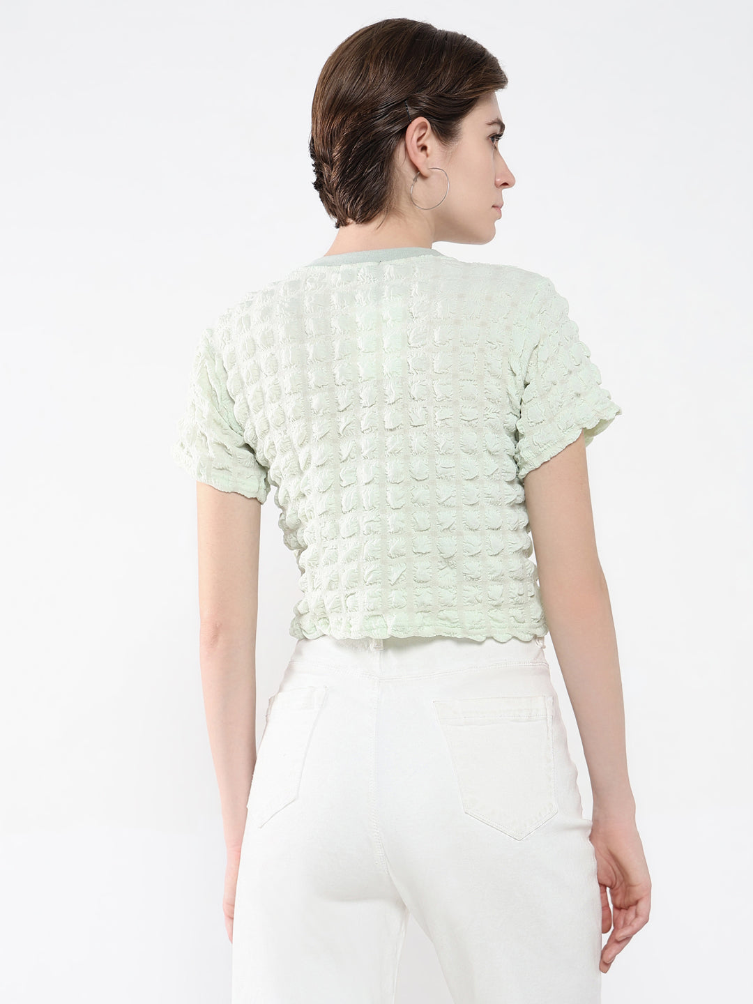 Women's Green Self Design Round Neck Acrylic Top