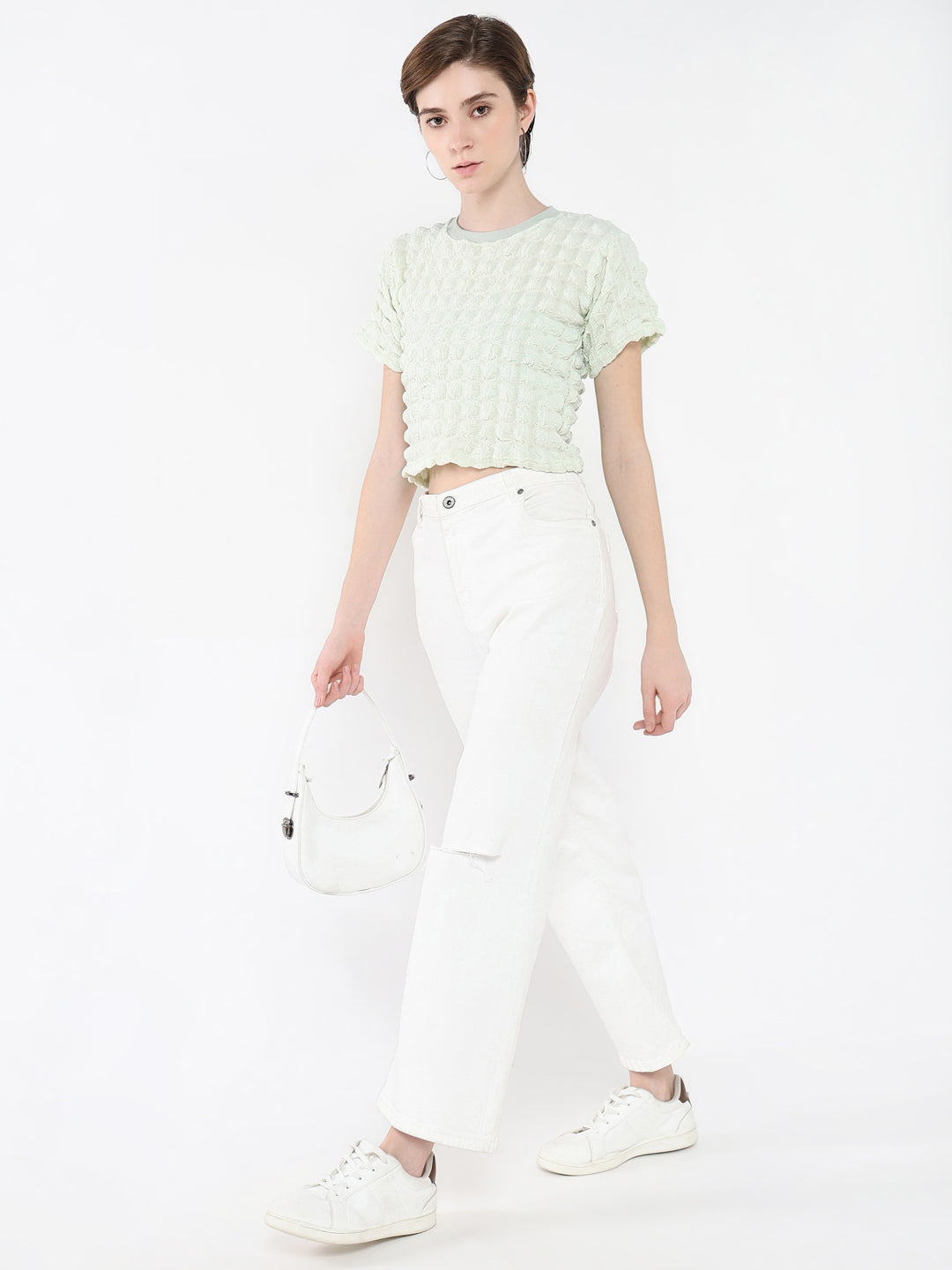 Women's Green Self Design Round Neck Acrylic Top