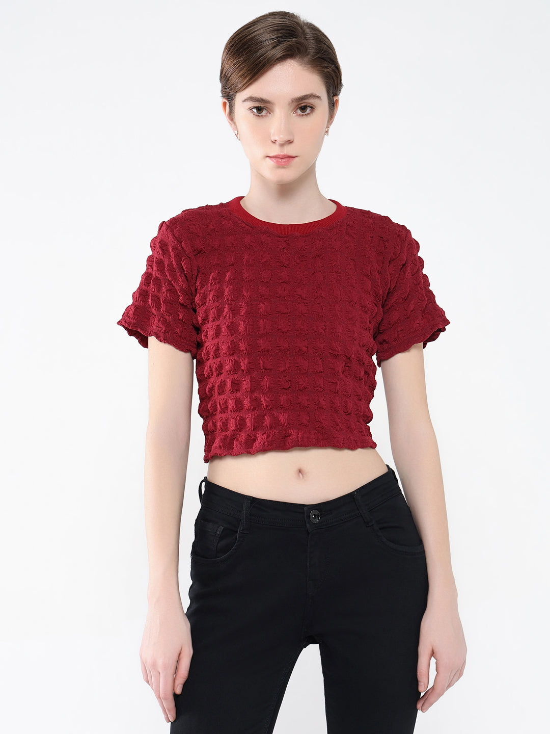 Women's Red Self Design Round Neck Acrylic Top