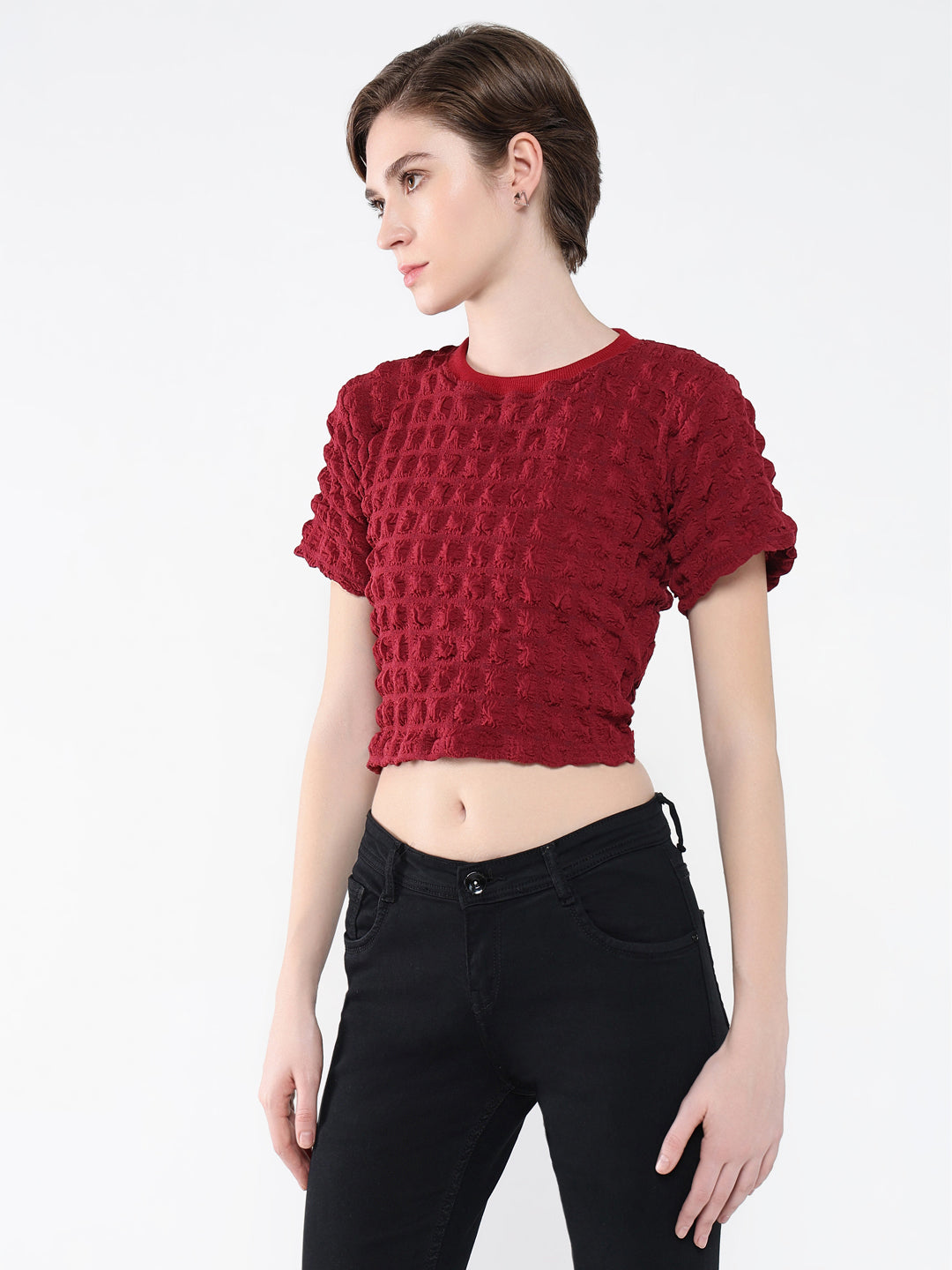 Women's Red Self Design Round Neck Acrylic Top