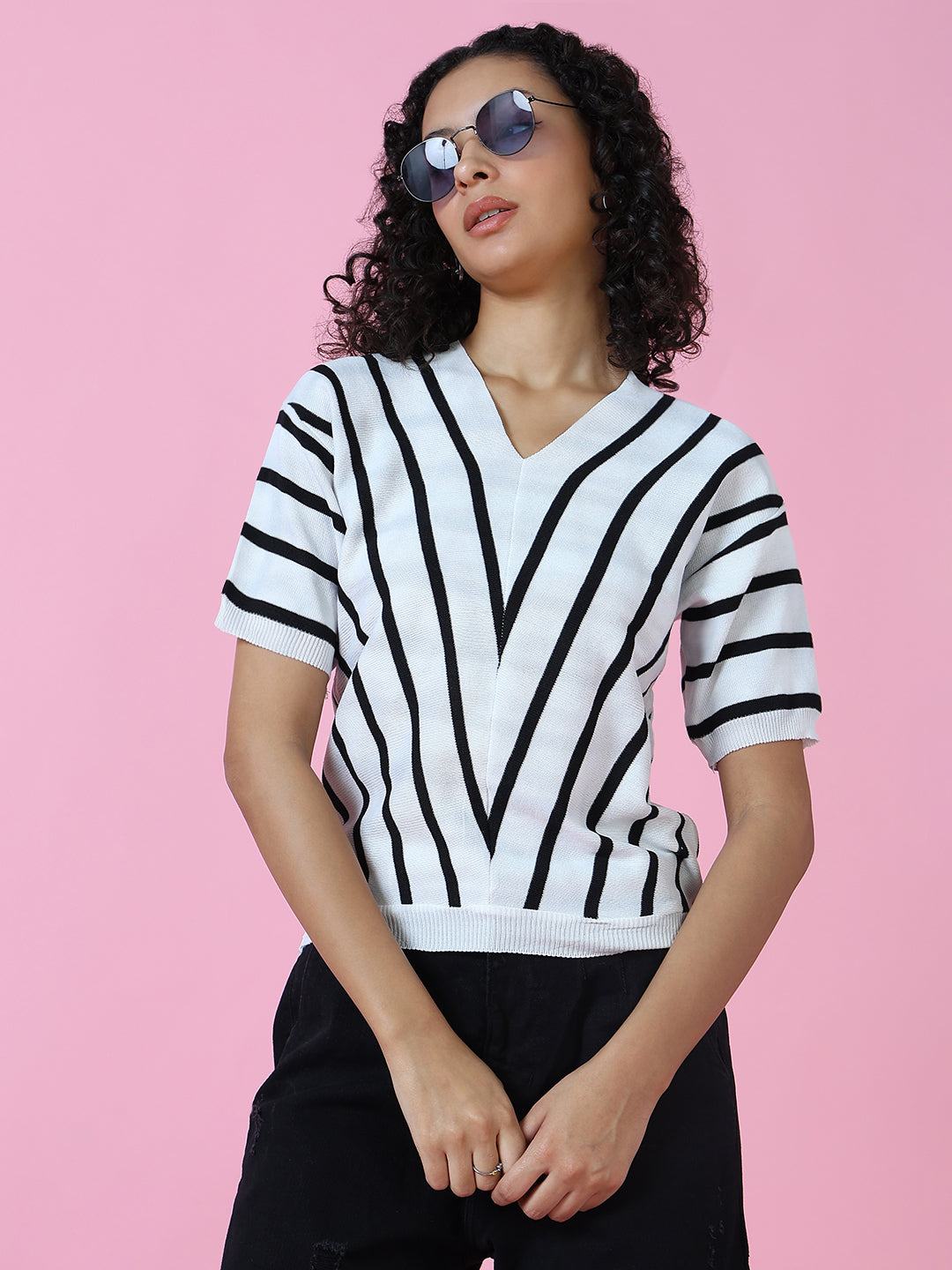 Women's White Striped Cotton Casual Top