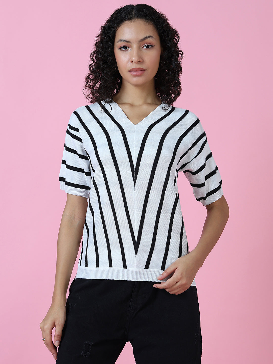 Women's White Striped Cotton Casual Top