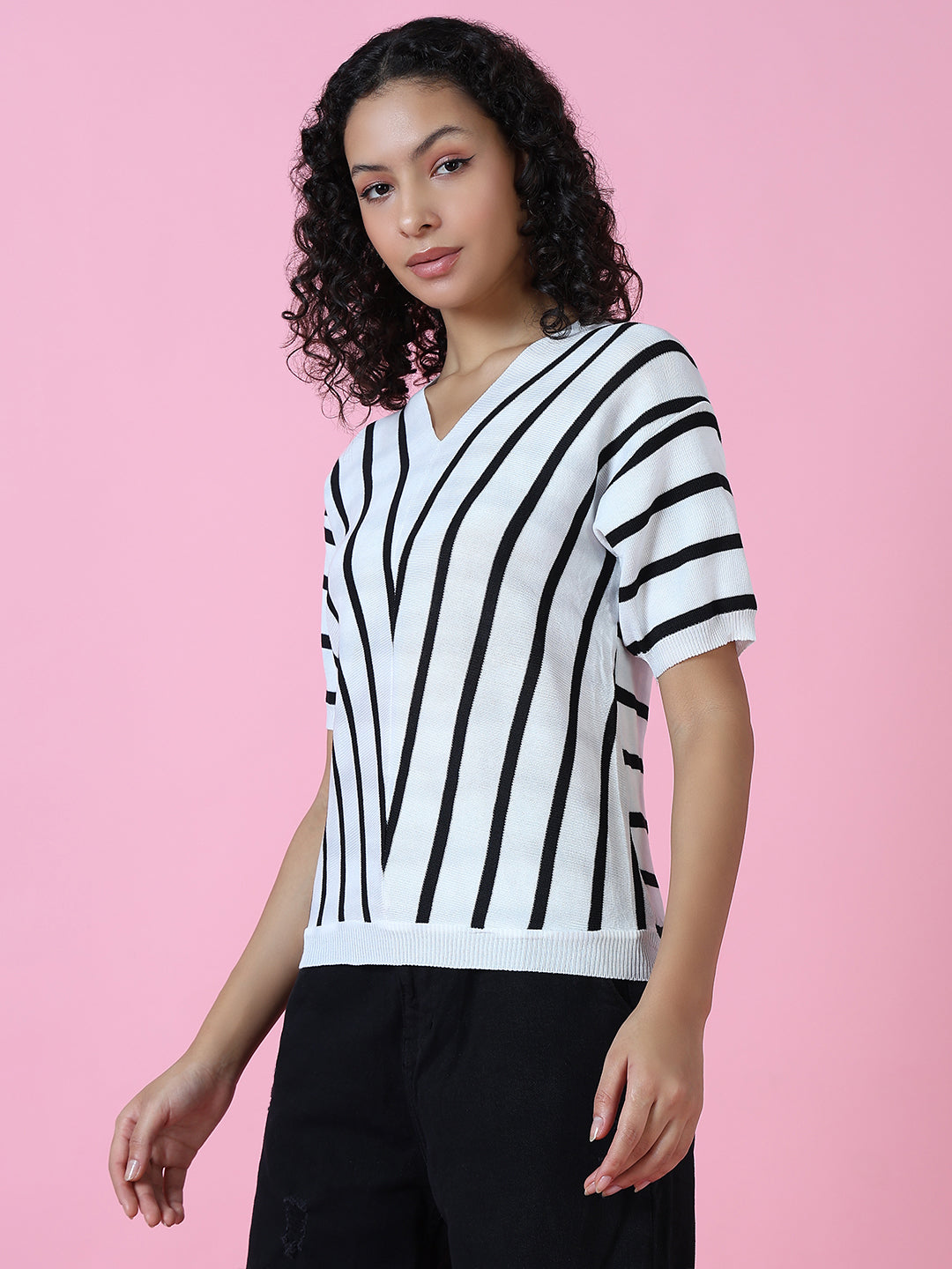 Women's White Striped Cotton Casual Top