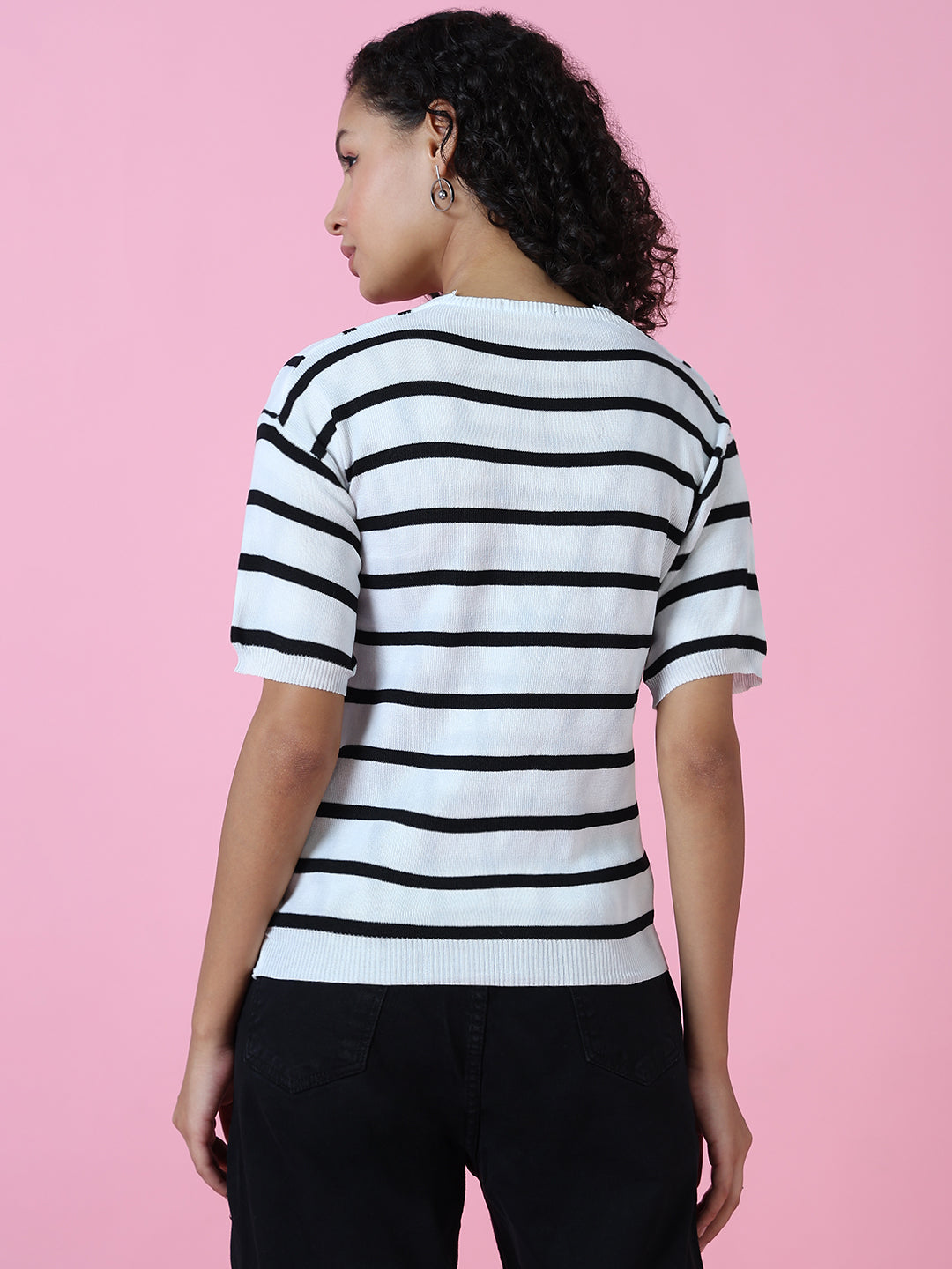 Women's White Striped Cotton Casual Top