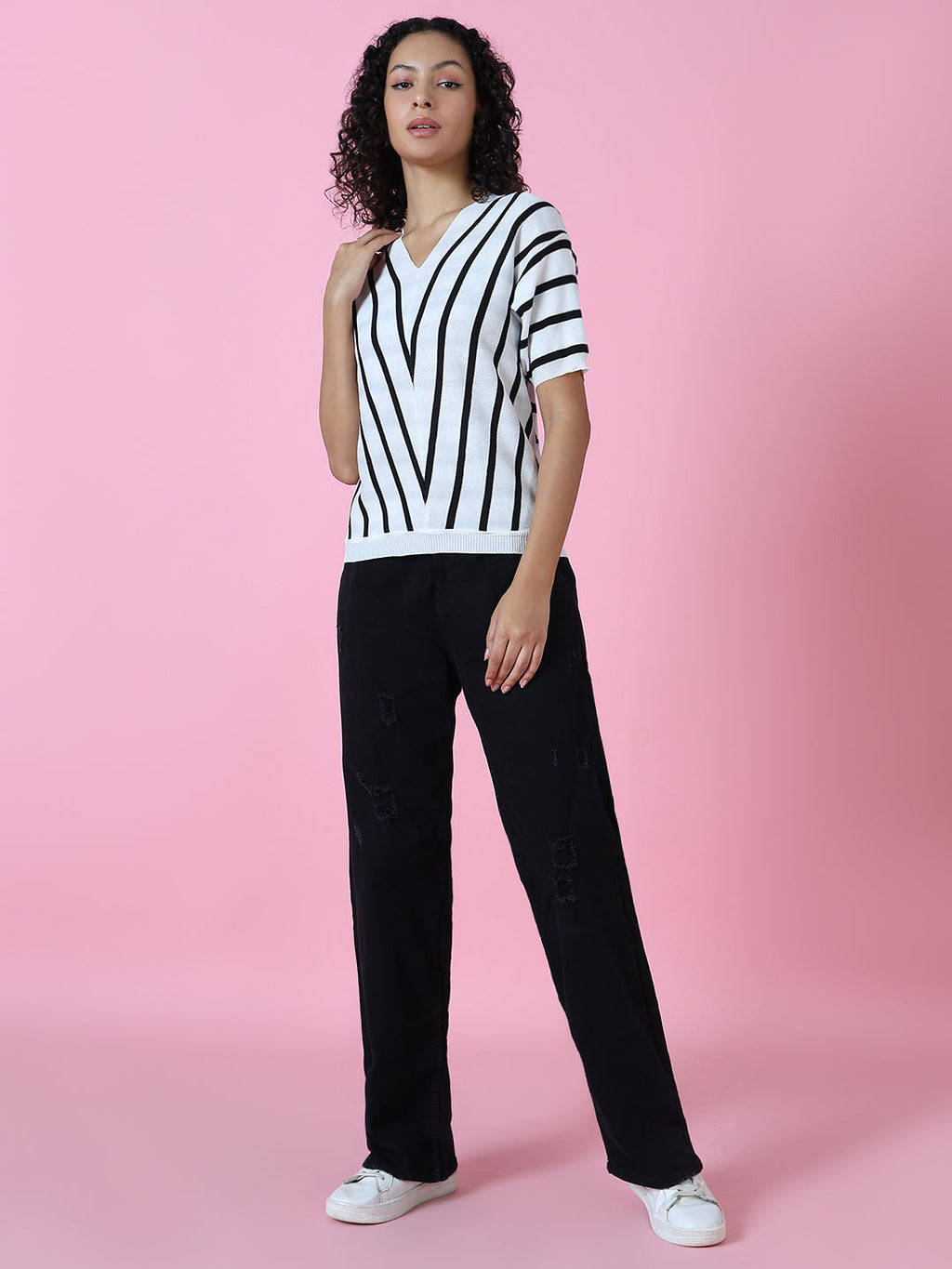 Women's White Striped Cotton Casual Top