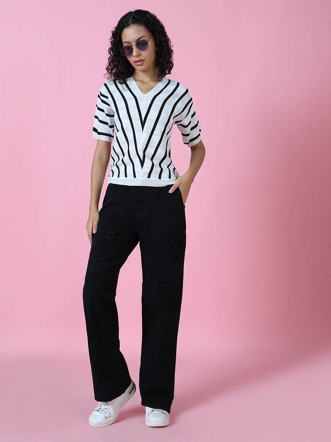 Women's White Striped Cotton Casual Top