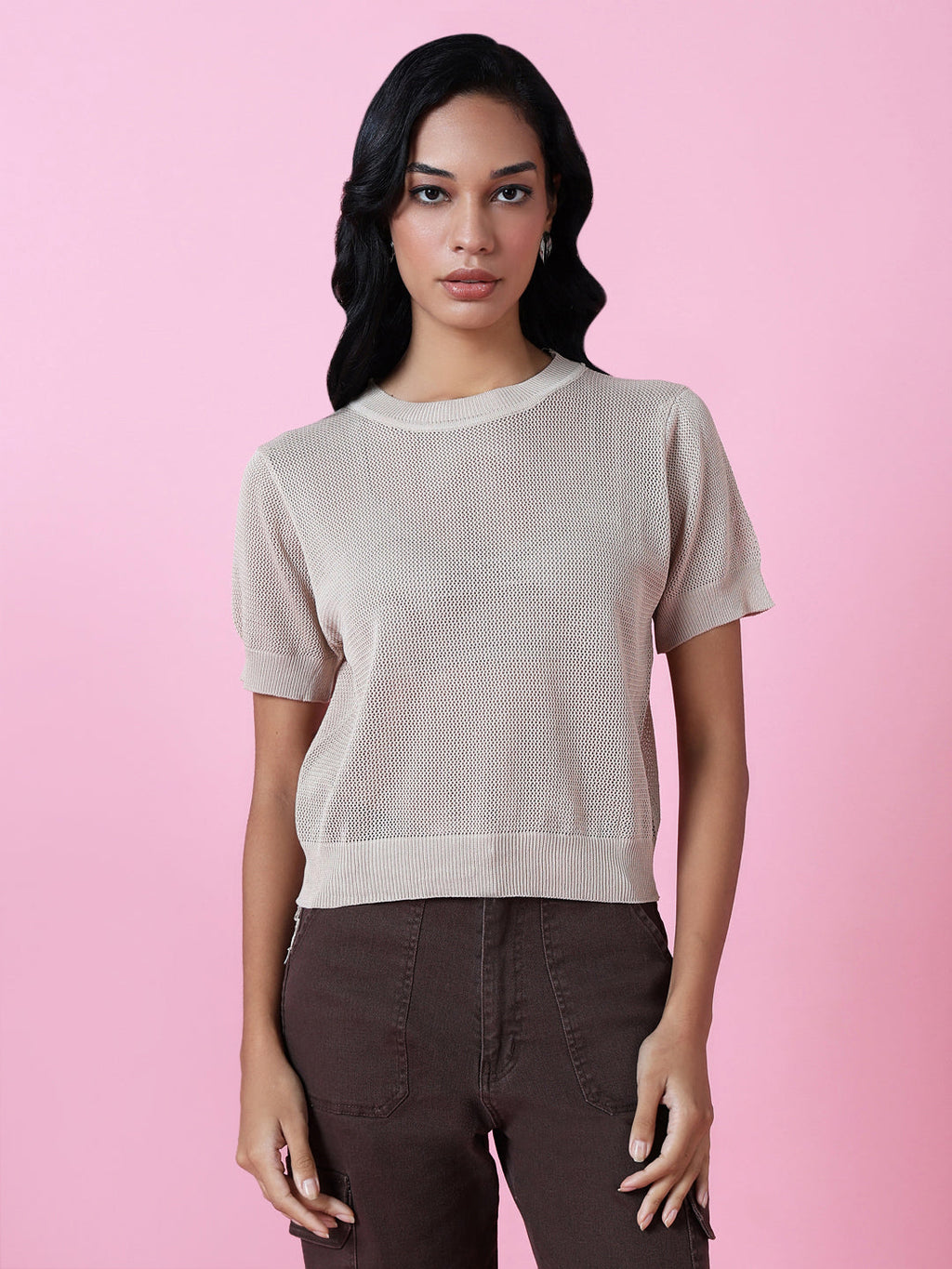 Women's Beige Puff Sleeve Top