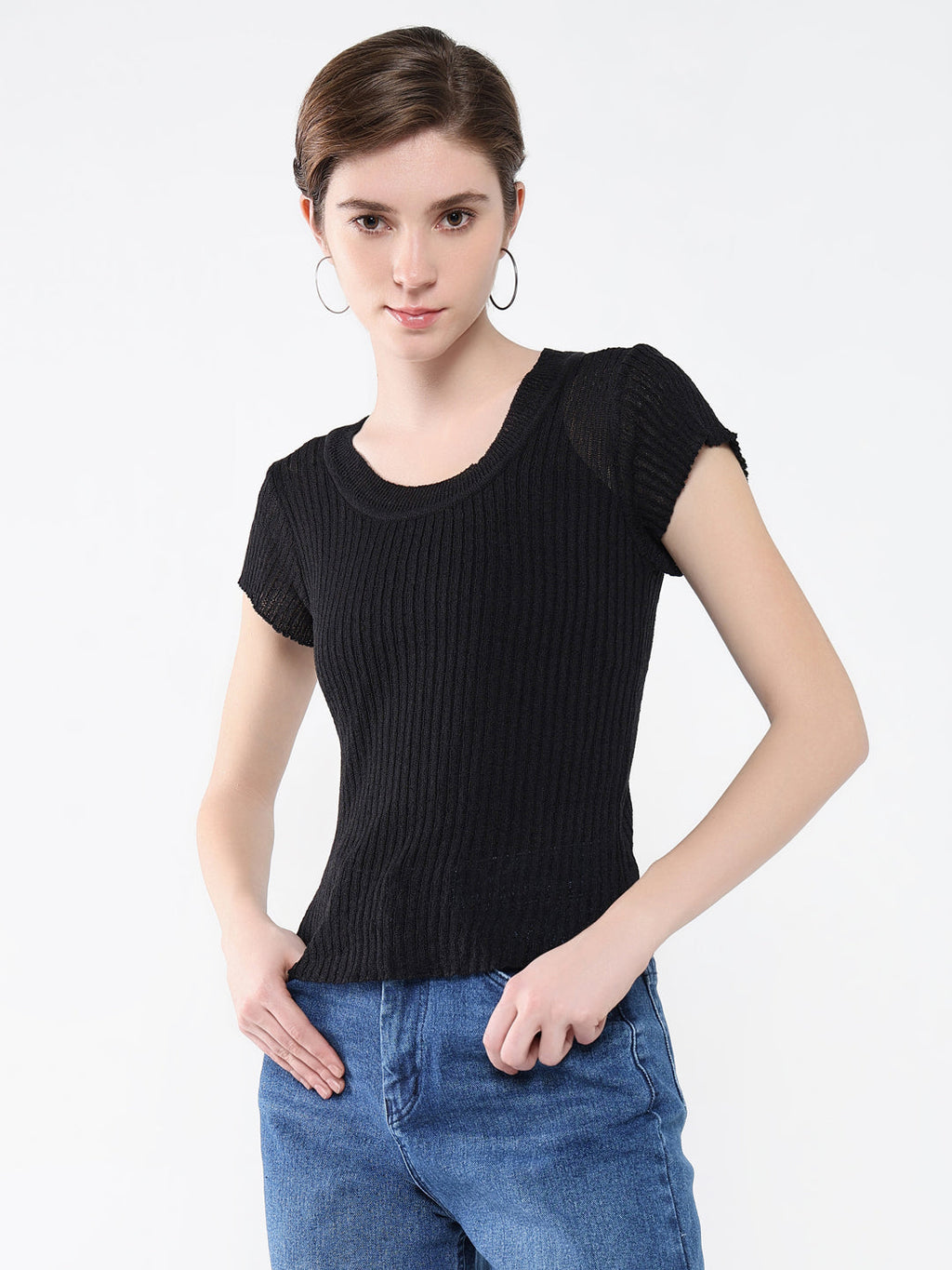 Women's Black Solid Round Neck Acrylic Top