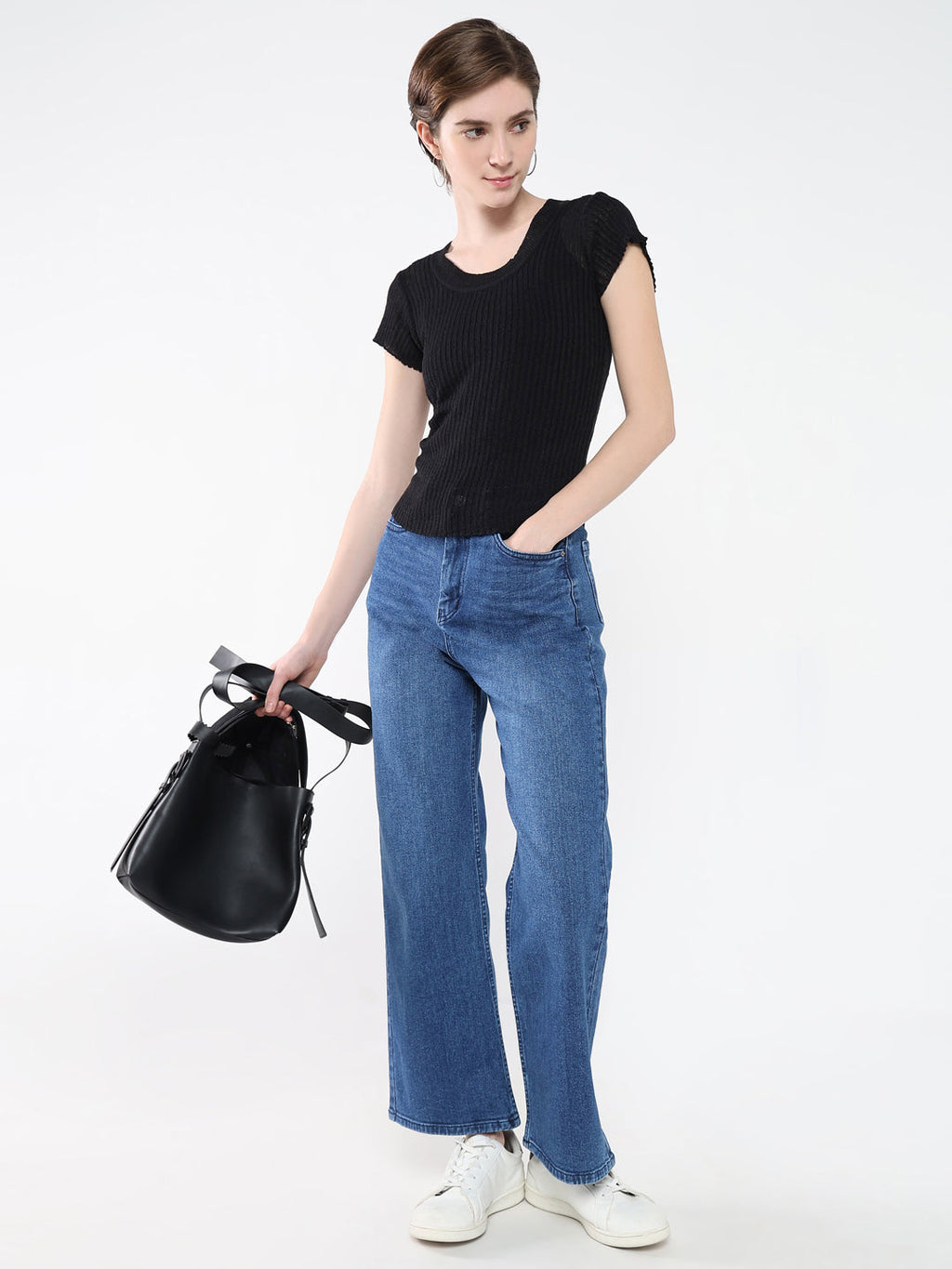 Women's Black Solid Round Neck Acrylic Top