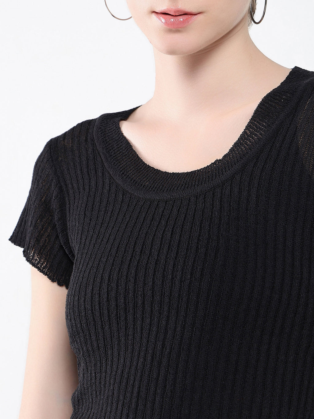 Women's Black Solid Round Neck Acrylic Top