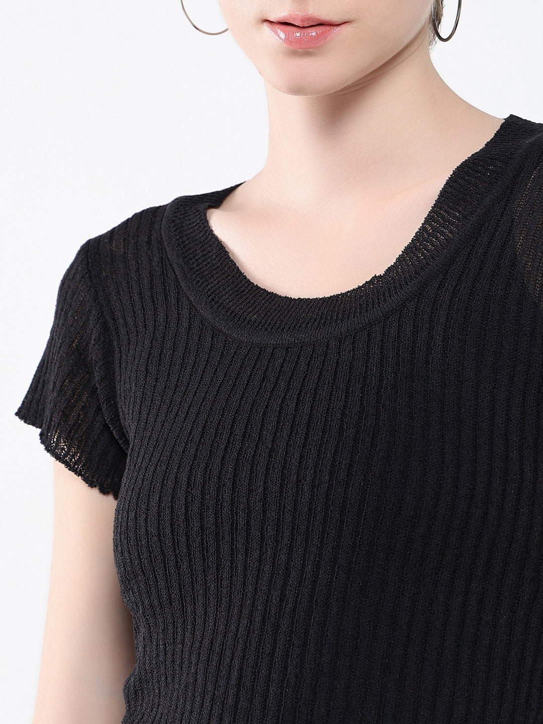 Women's Black Solid Round Neck Acrylic Top