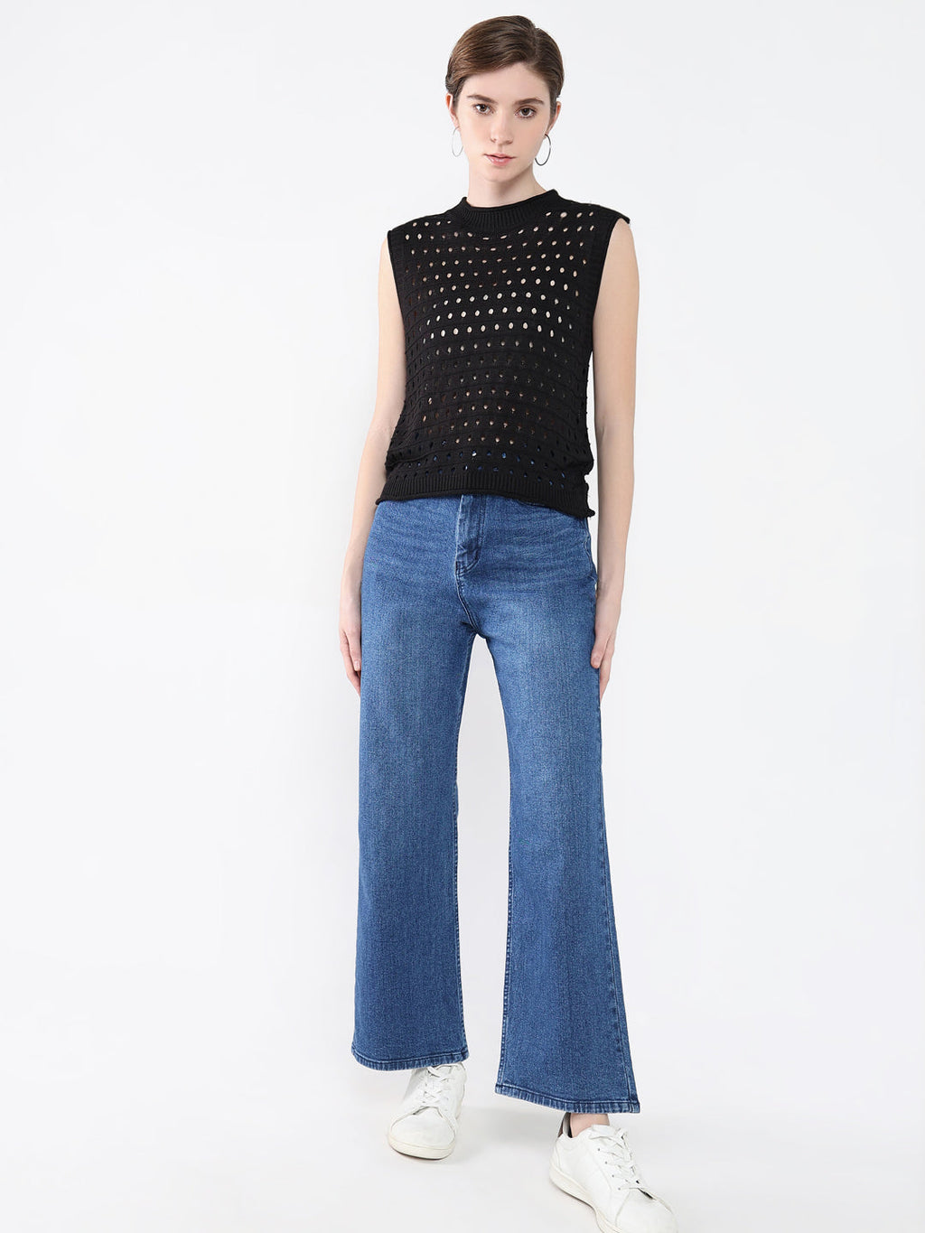 Women's Black Self Design High Neck Acrylic Top