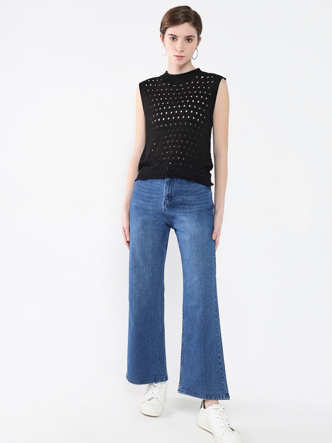 Women's Black Self Design High Neck Acrylic Top