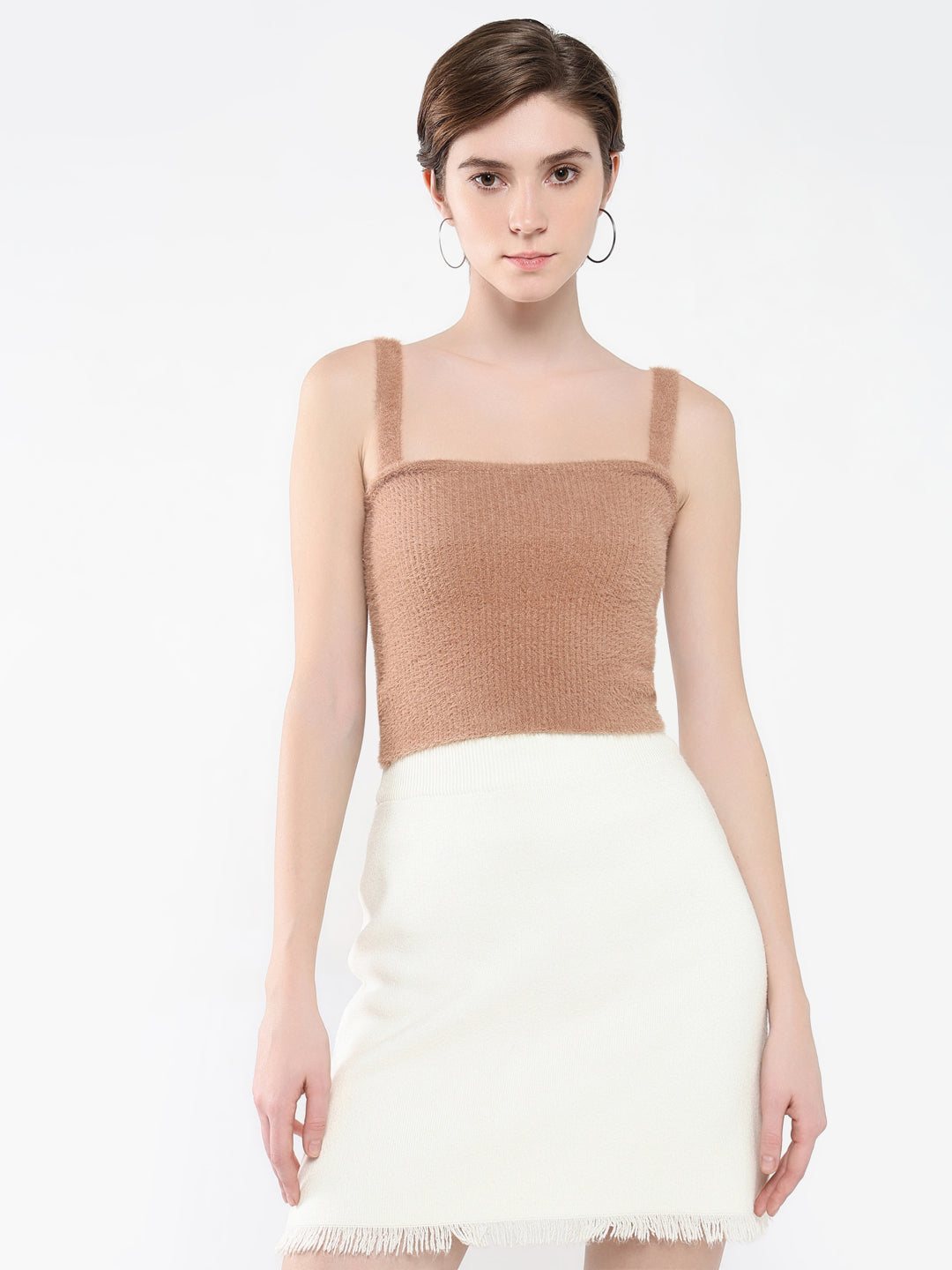 Women's Brown Solid Shoulder Straps Acrylic Top