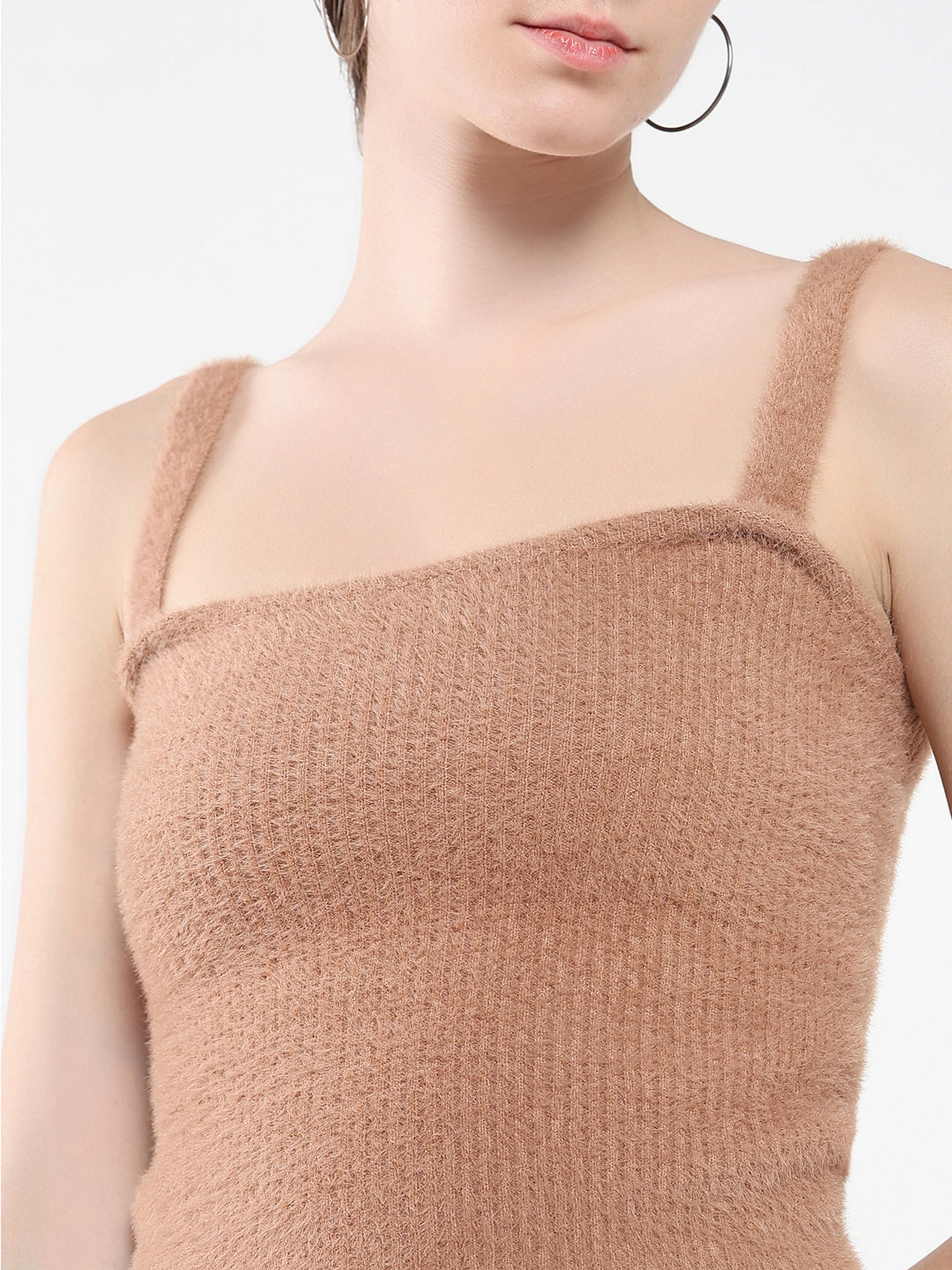 Women's Brown Solid Shoulder Straps Acrylic Top