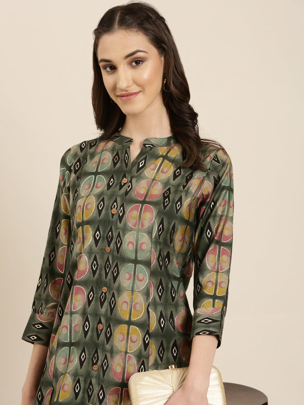 Women's Olive Geometric Printed A-Line Kurta