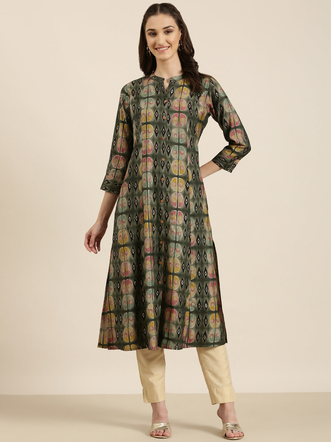 Women's Olive Geometric Printed A-Line Kurta