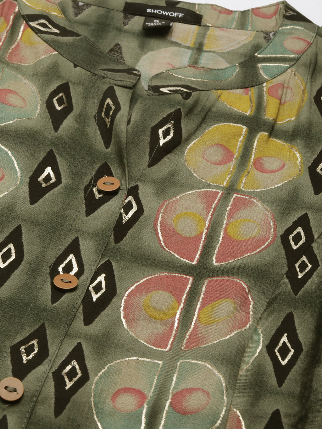 Women's Olive Geometric Printed A-Line Kurta