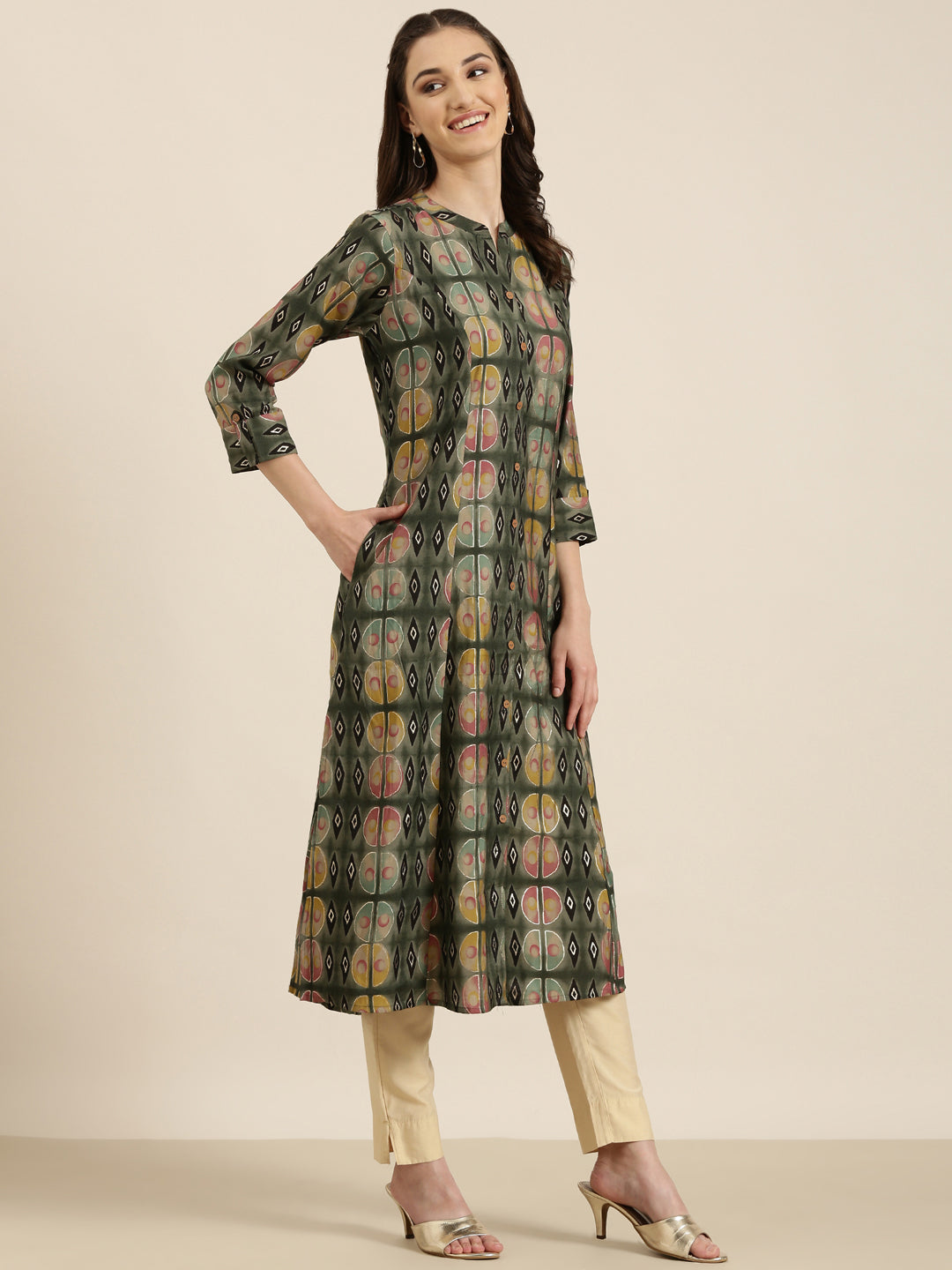 Women's Olive Geometric Printed A-Line Kurta