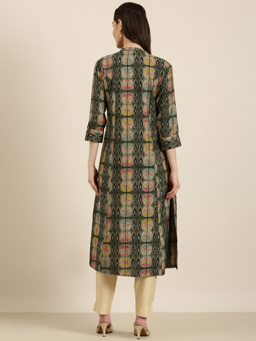 Women's Olive Geometric Printed A-Line Kurta