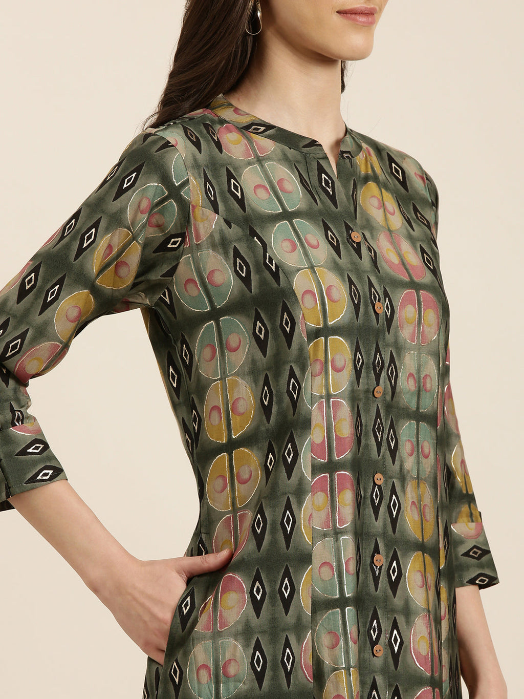 Women's Olive Geometric Printed A-Line Kurta