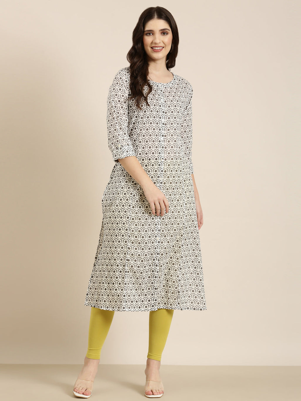 Women's Cream Geometric Printed Thread Work Kurta