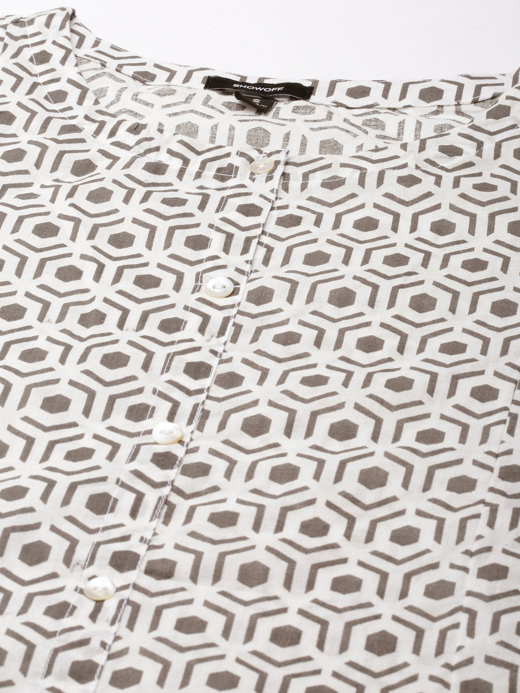 Women's Cream Geometric Printed Thread Work Kurta