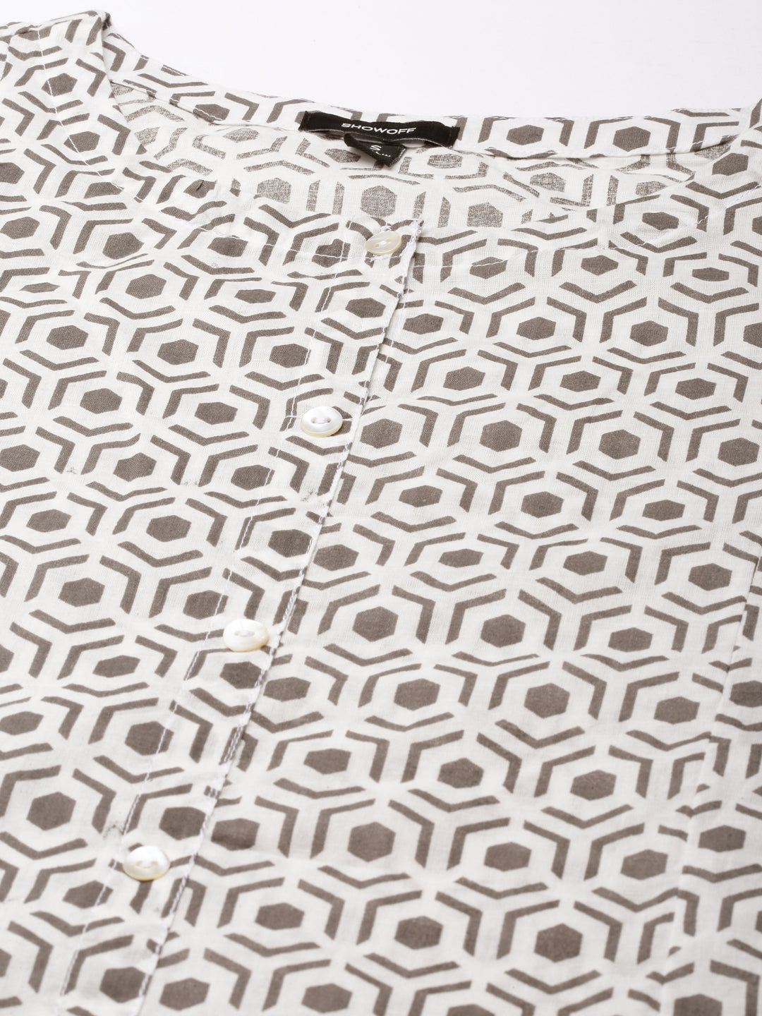 Women's Cream Geometric Printed Thread Work Kurta