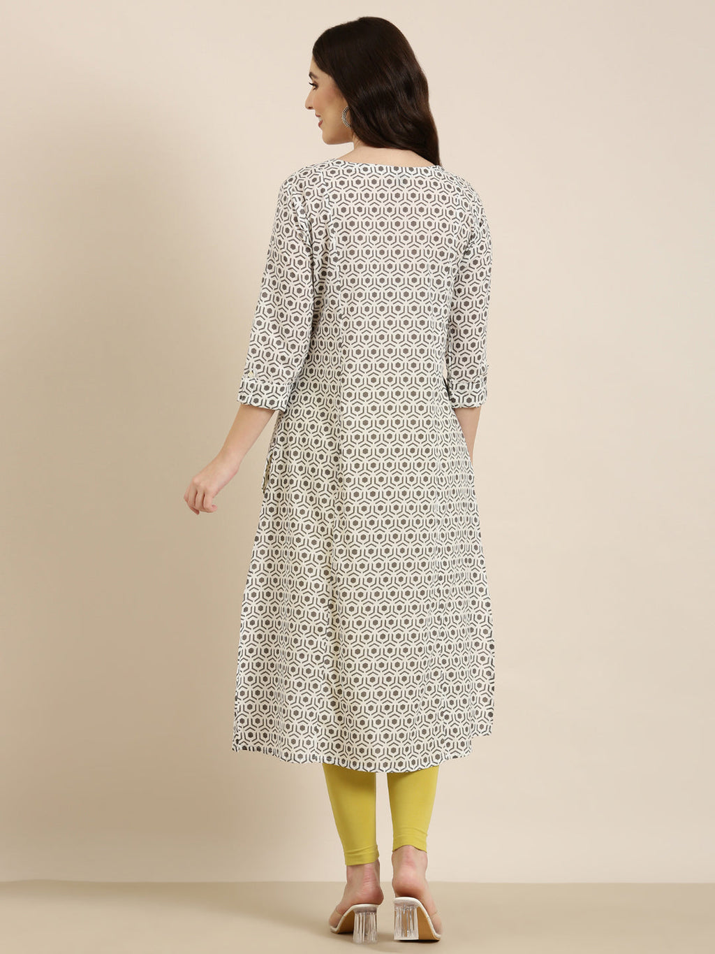 Women's Cream Geometric Printed Thread Work Kurta