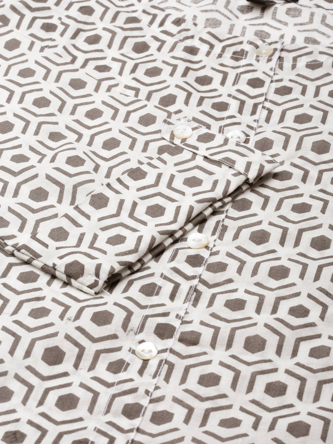 Women's Cream Geometric Printed Thread Work Kurta