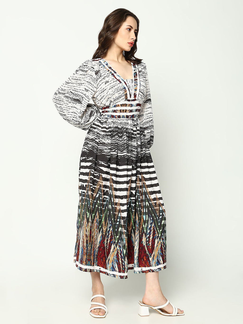 Women's Off White Abstract Printed V-Neck Georgette Fit and Flare Dress