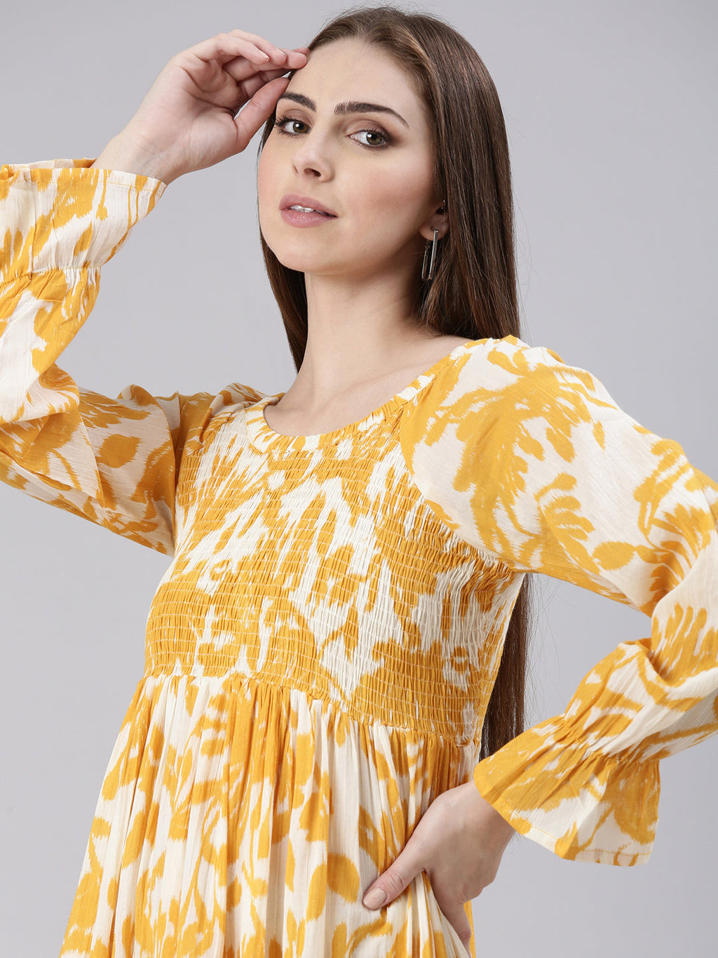 Women's Mustard Floral Printed Bell Sleeves Empire Dress