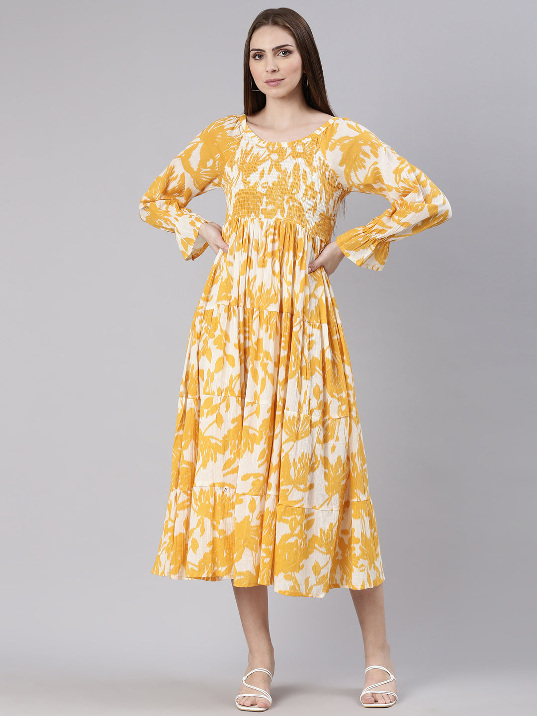 Women's Mustard Floral Printed Bell Sleeves Empire Dress