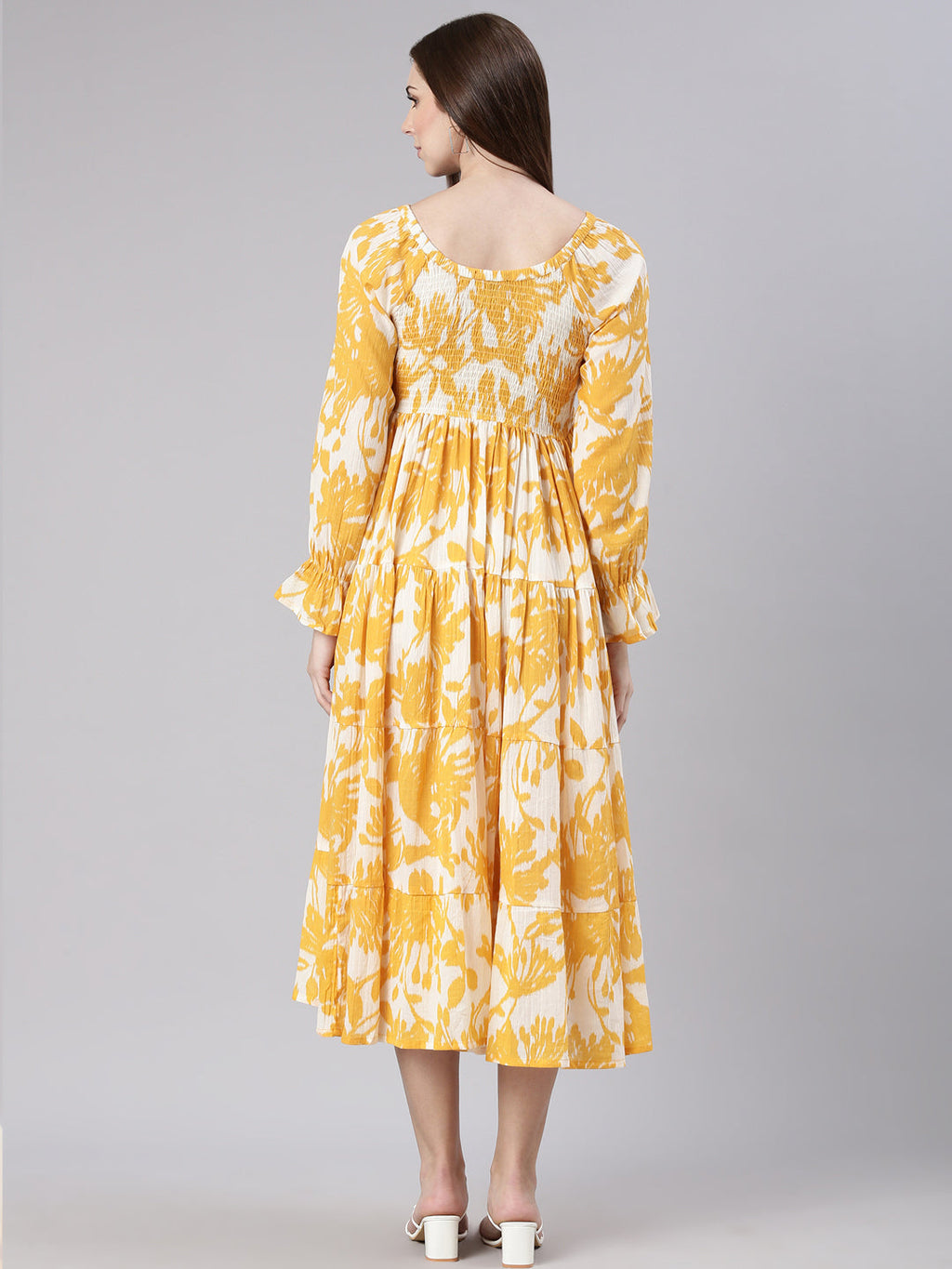 Women's Mustard Floral Printed Bell Sleeves Empire Dress
