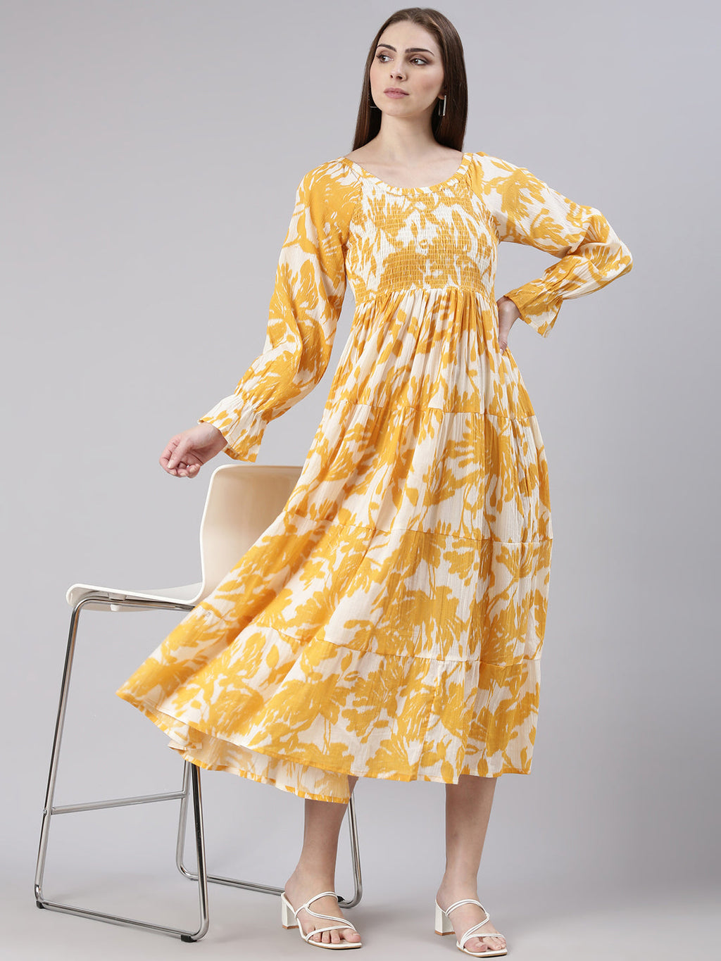 Women's Mustard Floral Printed Bell Sleeves Empire Dress