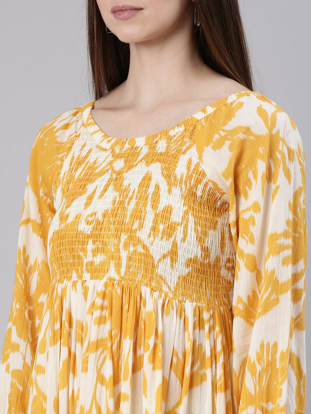 Women's Mustard Floral Printed Bell Sleeves Empire Dress