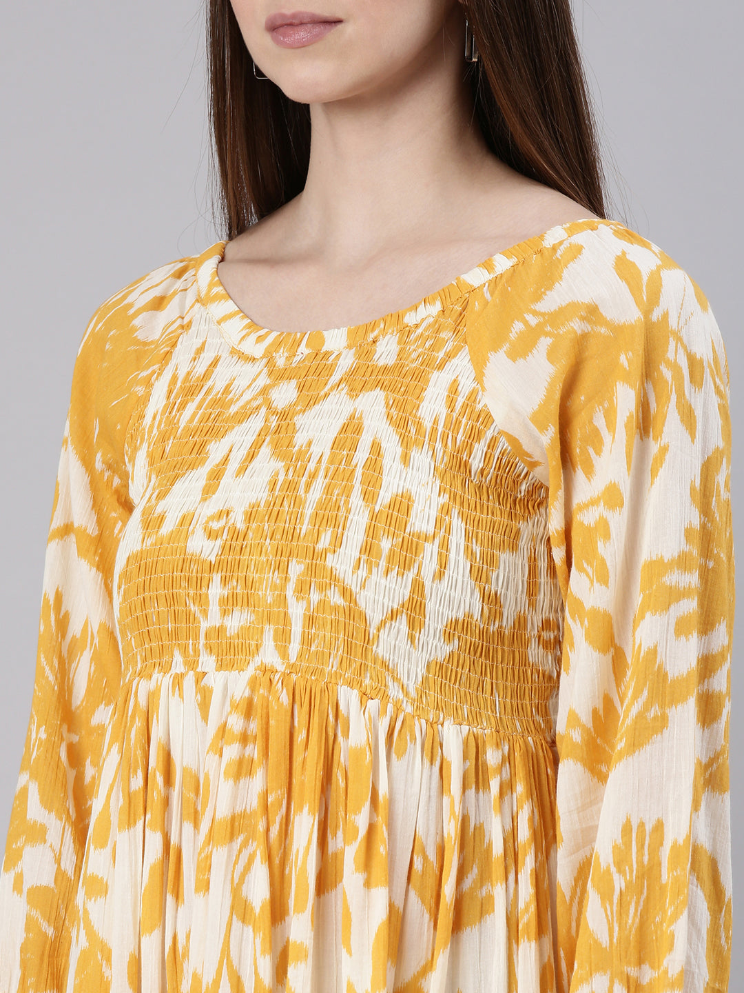 Women's Mustard Floral Printed Bell Sleeves Empire Dress