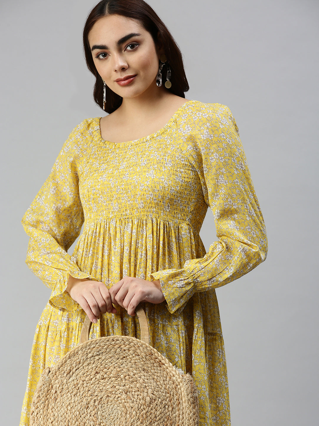 Women's Printed Fit and Flare Yellow Dress