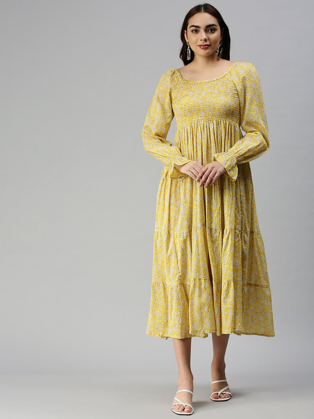 Women's Printed Fit and Flare Yellow Dress