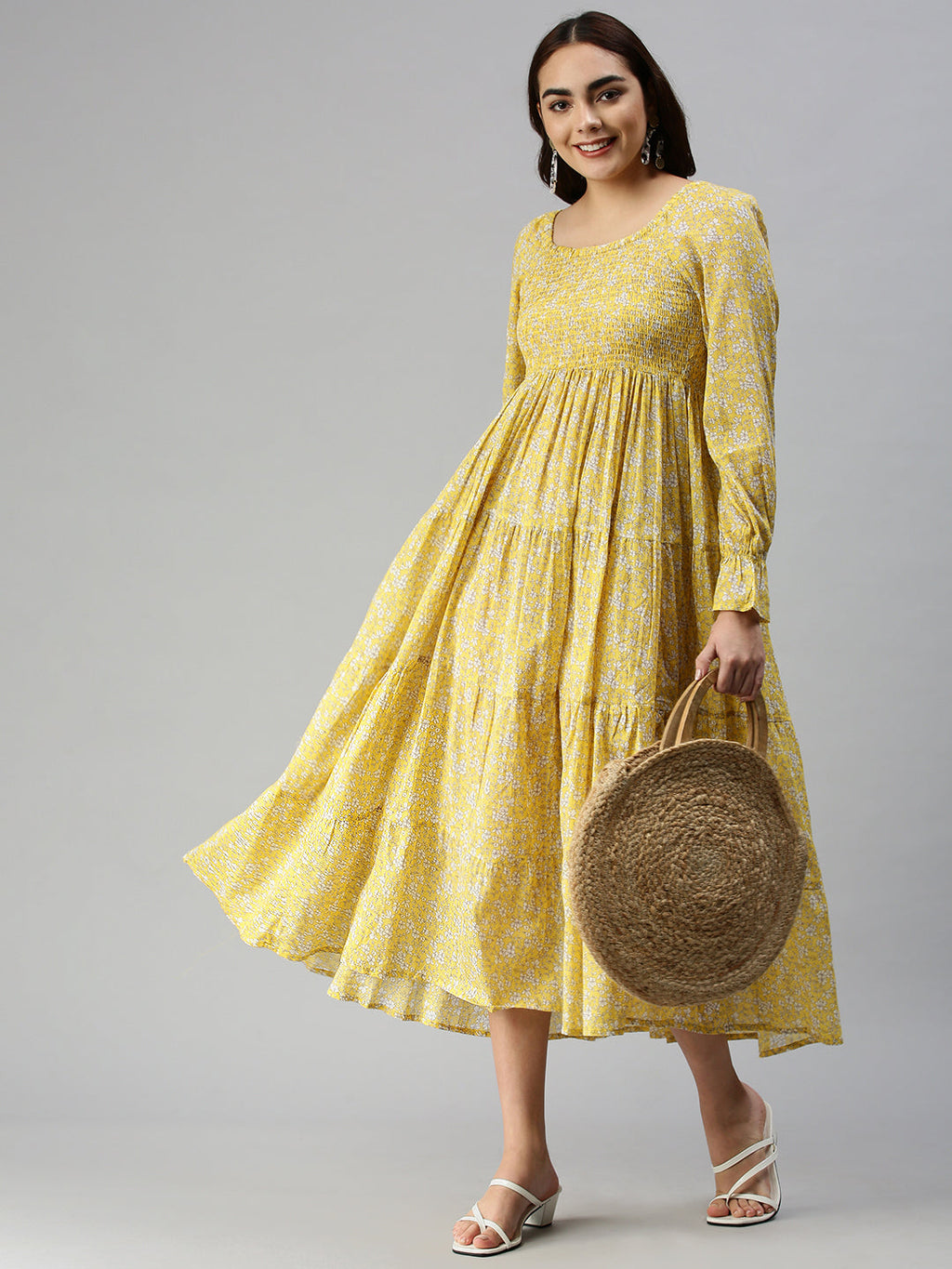 Women's Printed Fit and Flare Yellow Dress