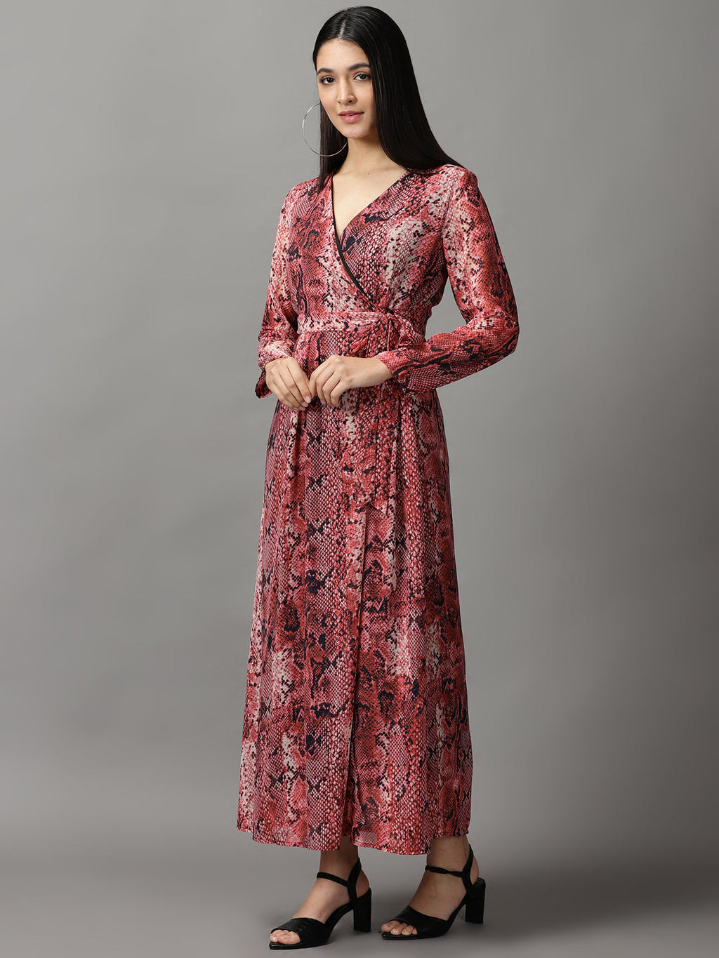 Women's Pink Printed Chiffon Wrap Dress