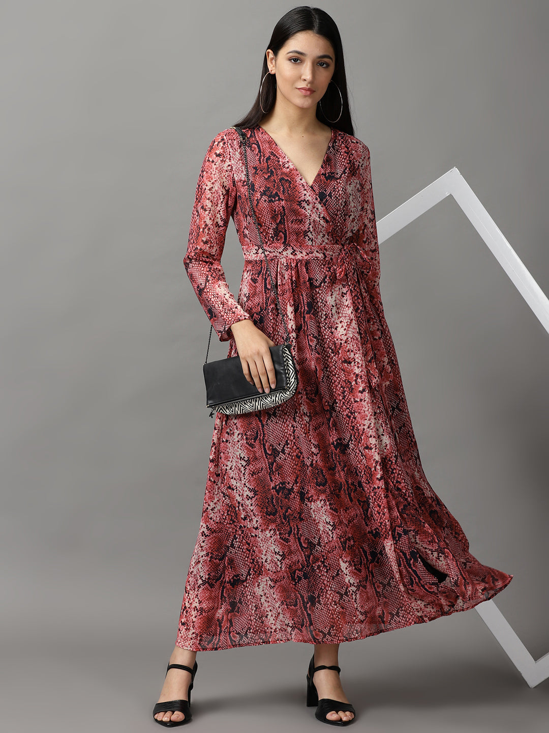 Women's Pink Printed Chiffon Wrap Dress