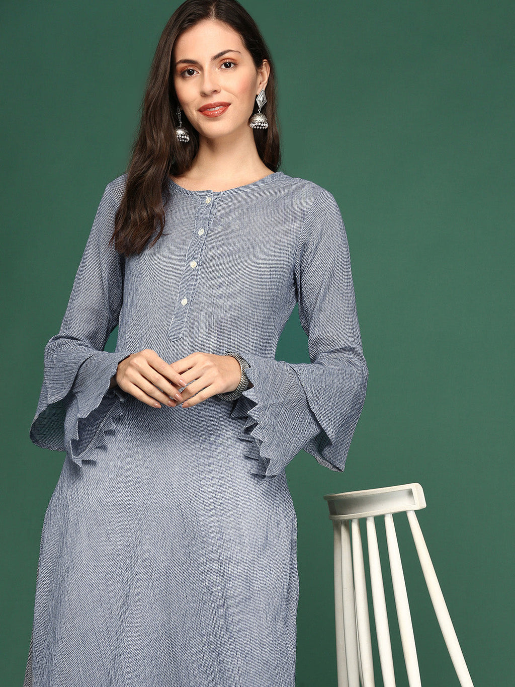 Women's Navy Blue Woven Design Round Neck A-Line Kurta