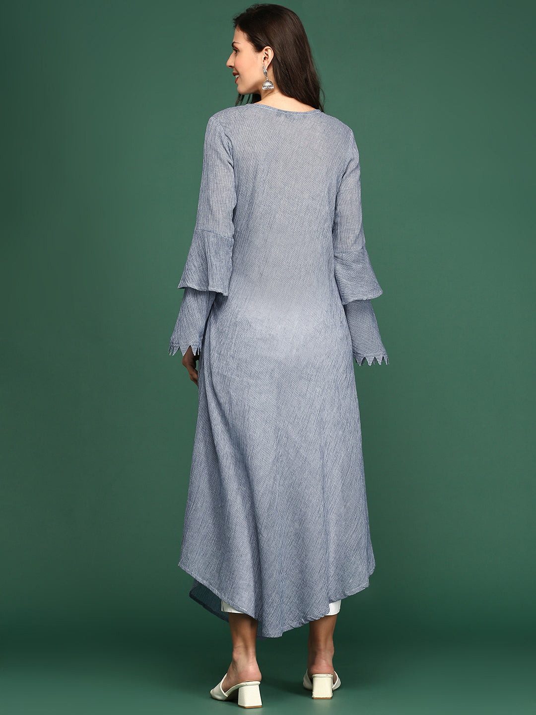 Women's Navy Blue Woven Design Round Neck A-Line Kurta