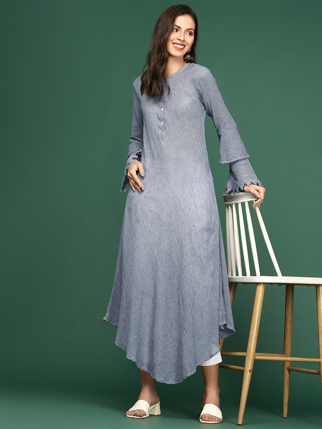 Women's Navy Blue Woven Design Round Neck A-Line Kurta