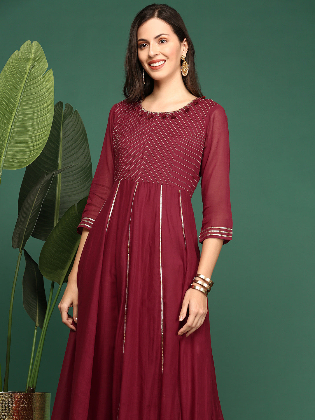 Women's Maroon Embellished Flared A-Line Kurta