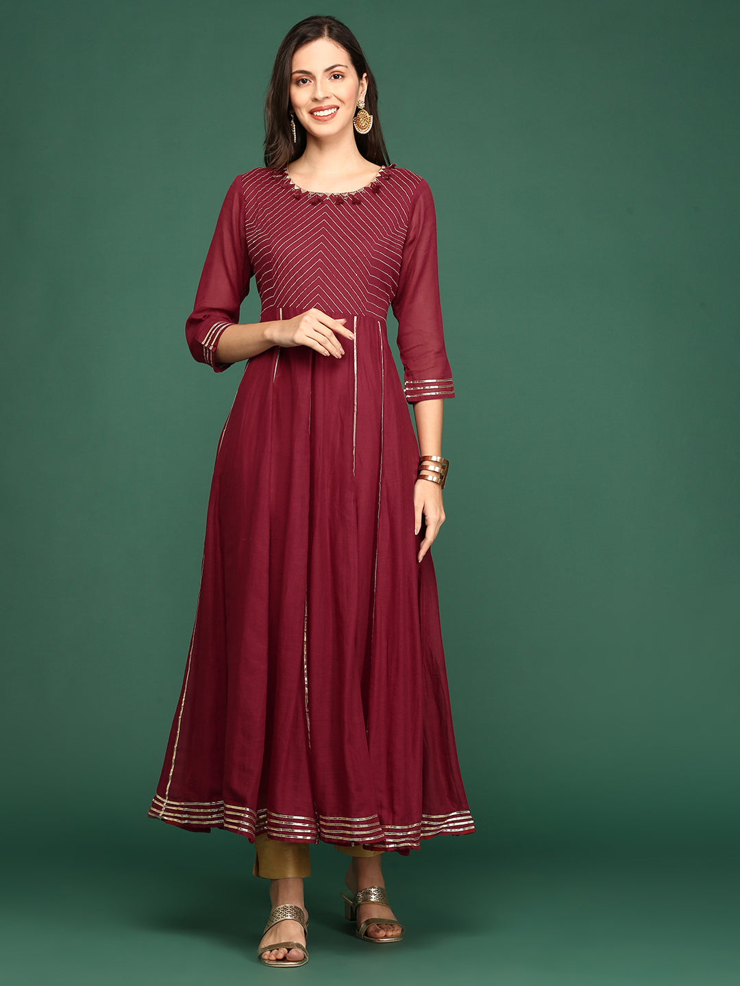 Women's Maroon Embellished Flared A-Line Kurta